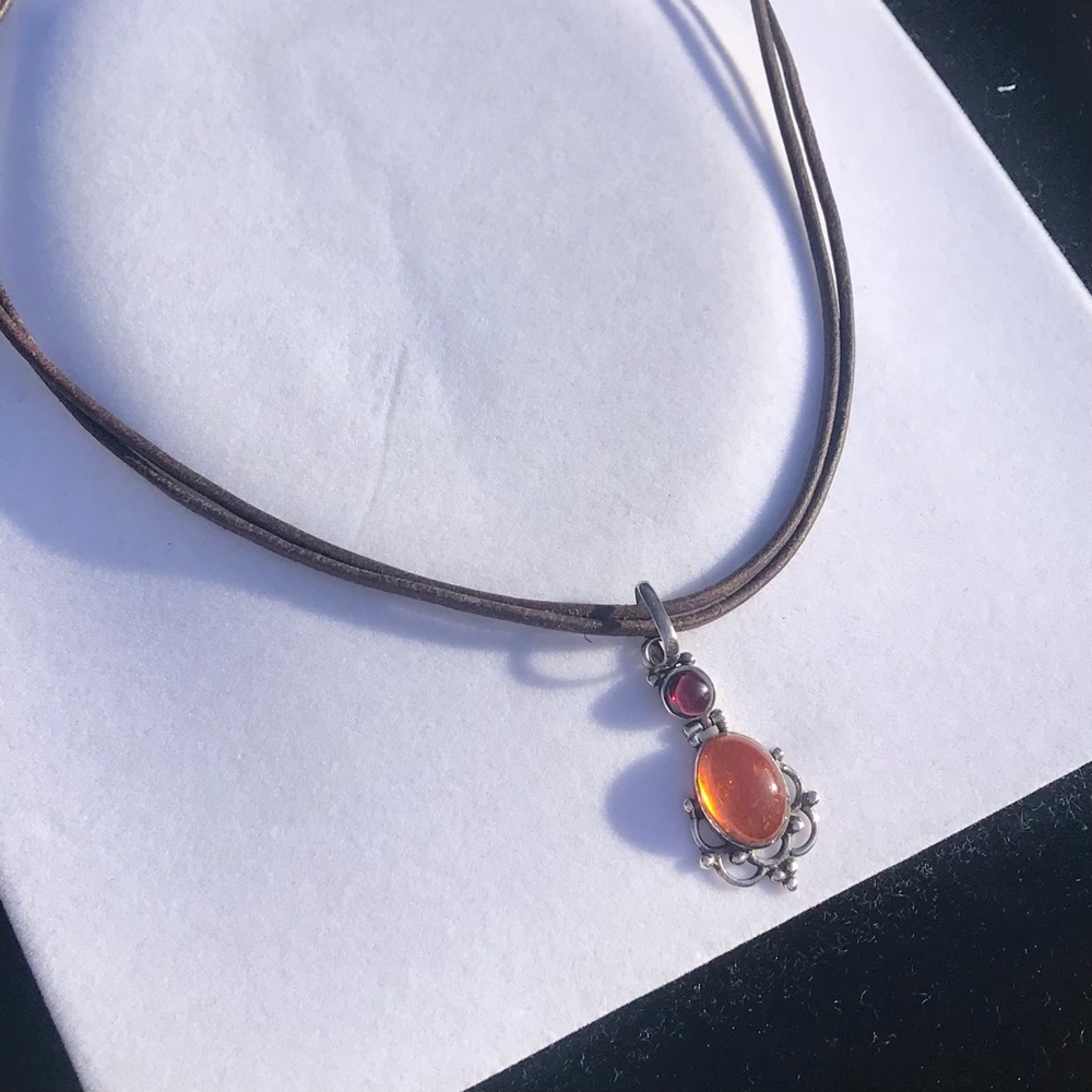 Natural Amber & Gemstone, Leather Necklace!
